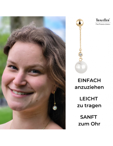 Traveller Ohrclips - Hänger - Goldfarbe - Perle - 12 mm - Weiss - Preciosa Crystals - Vergoldet - 53x12 mm - 114139