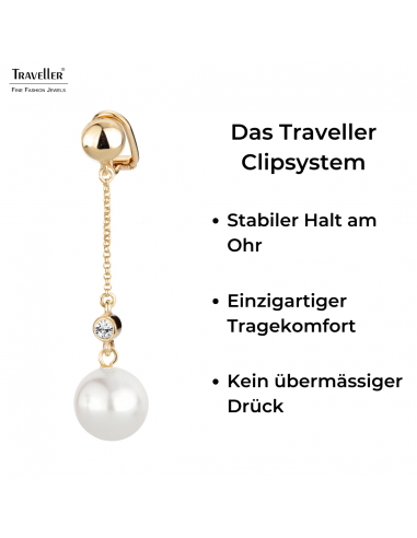Traveller Ohrclips - Hänger - Goldfarbe - Perle - 12 mm - Weiss - Preciosa Crystals - Vergoldet - 53x12 mm - 114139