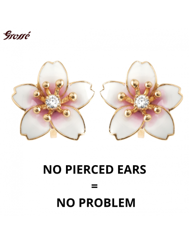 Grossé Clip-on Earrings - Sakura - Gold Coloured - Zirconia - Gold Plated - White&Pink - Cherry Blossom - Ø15mm - GJ63479