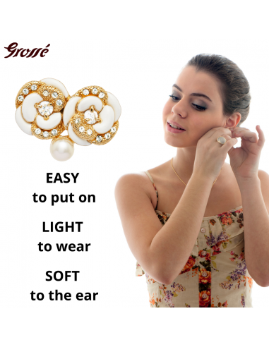 Grossé Earrings - Blanc Camelia - Gold Plated - Pearl - Cream - Crystals - Flower - 18x22 mm - GJ63809