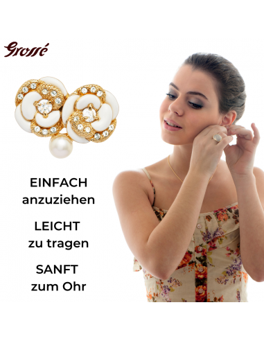 Grossé Ohrstecker - Blanc Camelia - Goldfarbe - Perle - Creme - Kristalle - Vergoldet - Blüme - 18x22 mm - GJ63809