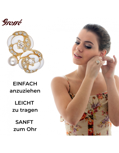 Grossé Ohrclips - Blanc Camelia - Goldfarbe - Perle - Creme - Kristalle - Vergoldet - Blüme - 18x22 mm - GJ63845 