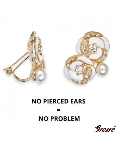 Grossé Clip-on Earrings - Blanc Camelia - Gold Plated - Pearl - Cream - Crystals - Flower - 18x22 mm - GJ63845