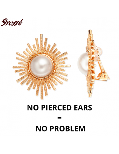 Grossé Clip-on Earrings - Future Floral - Gold Coloured - Pearls - White - Gold Plated - 35x30 mm - GJ64781