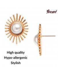 Grossé Earring - Future Floral - Gold Coloured - Pearl - White - Gold Plated - 25x20 mm - GJ64778