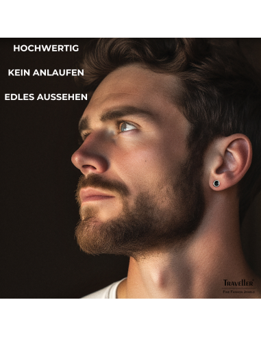 Traveller Ohrringe - Herren - Made in Germany - Edelstahl - Schwarz&Silber - Rund 6 mm - Nachhaltig - 171002