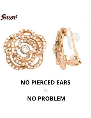 Grossé Clip-on Earrings - Parfum Rose - Gold Coloured - Crystals - Gold Plated - 18 mm - Flower - GJ64248
