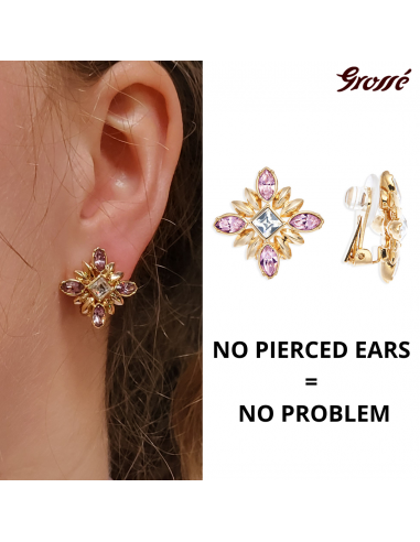 Grossé Clip-on Earrings - Athene - Gold Coloured - Rhinestone - Pink - 20x20 mm - Gold plated - GA61452
