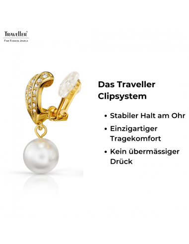 Traveller Ohrclips - Hänger - Vergoldet - Perle - 10mm - Weiss - Kristalle - 27x10mm - 114256