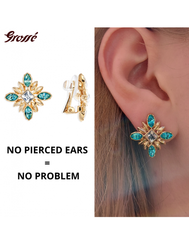 Grossé Clip-on Earrings - Athene - Gold Coloured - Rhinestone Tuquoise - 20x20mm - Gold plated - GA61453
