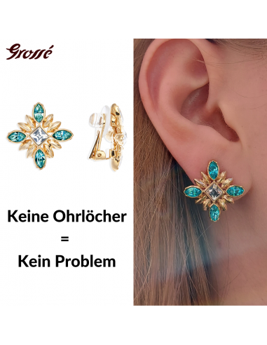 Grossé Ohrclips - Athene - Goldfarbe - Rhinestone - Türkis - 20x20 mm - Vergoldet - GA61453
