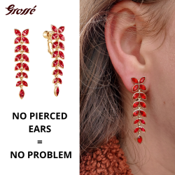 Grossé Clip-on Earrings - Pendants - Gold Coloured - Crystals - Red - 40x10 mm - Gold Plated - GA61549
