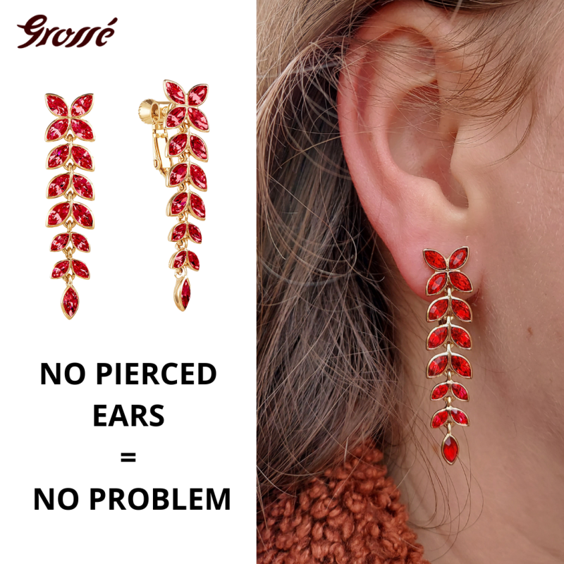 Grossé Clip-on Earrings - Pendants - Gold Coloured - Crystals - Red - 40x10 mm - Gold Plated - GA61549
