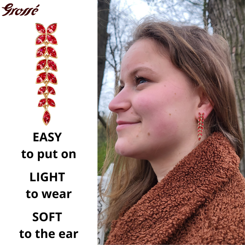 Grossé Clip-on Earrings - Pendants - Gold Coloured - Crystals - Red - 40x10 mm - Gold Plated - GA61549
