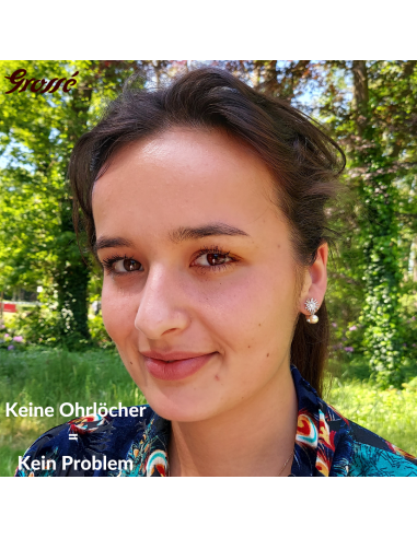 Grossé Ohrclip - Hänger - Silberfarbe -  Perle - Weiss - Kristall - 20x10 mm - Platiniert - GJ64253P