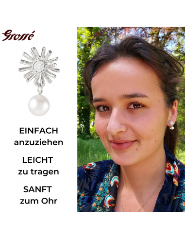 Grossé Ohrclip - Hänger - Silberfarbe -  Perle - Weiss - Kristall - 20x10 mm - Platiniert - GJ64253P