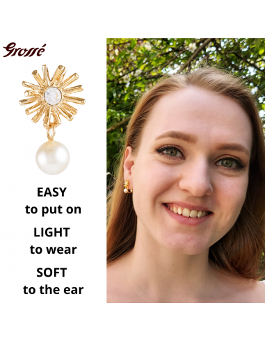 Grossé Clip-on Earrings - Pendants - Gold Coloured - Pearl - White - Crystal - 20x10 mm - Gold Plated - GJ64269