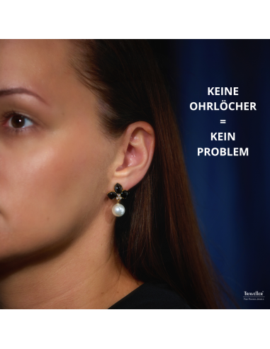 Traveller Ohrclip - Hänger - Vergoldet - Perle - 10mm - Weiß - Kristalle - Email Schwarz - 26x18 mm - 114260