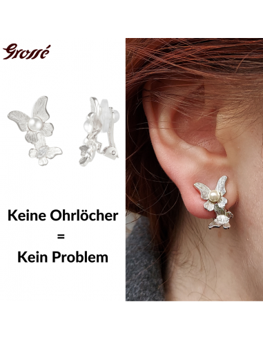 Grossé Ohrclip - Schmetterling - Silberfarbe - Perle - Weiss - Kristall - 18x13 mm - Platiniert - GA61505P