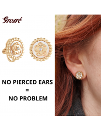 Grossé Clip-on Earrings - Medallion - Gold Coloured - Crystal - Mother of Pearl - 13 mm - Gold Plated