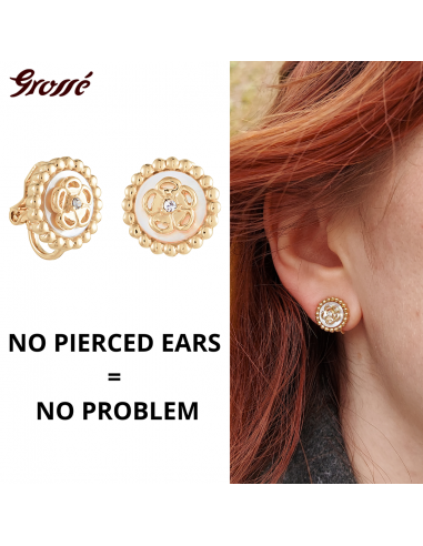 Grossé Clip-on Earrings - Medallion - Gold Coloured - Crystal - Mother of Pearl - 13 mm - Gold Plated