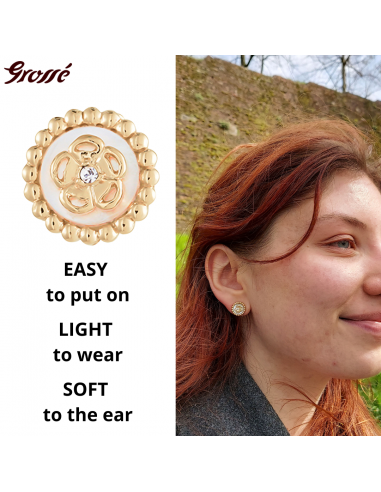 Grossé Clip-on Earrings - Medallion - Gold Coloured - Crystal - Mother of Pearl - 13 mm - Gold Plated