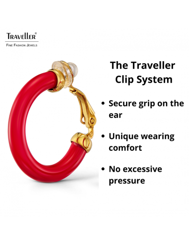 Traveller Clip-on Earrings - Hoop Earrings - Gold Plated 22ct - Red Resin - 25 mm - 157716