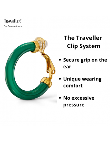 Traveller Clip-on Earrings - Hoop Earrings - Gold Plated 22ct - Green Resin - 25 mm - 157717