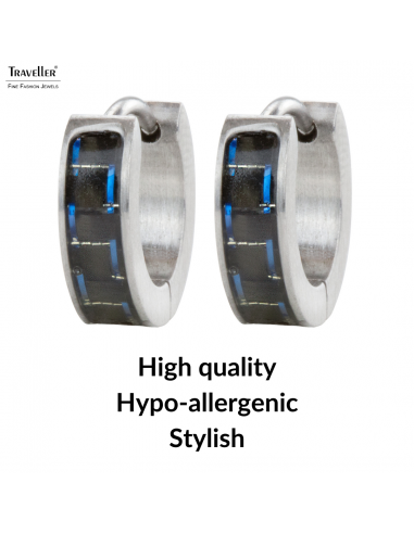 Traveller Earrings - Hoops - Men - Silver Coloured - Stainless Steel - Black Carbon - Blue - Ø 14 mm - 14x4 mm - 180954