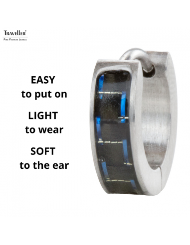 Traveller Earrings - Hoops - Men - Silver Coloured - Stainless Steel - Black Carbon - Blue - Ø 14 mm - 14x4 mm - 180954