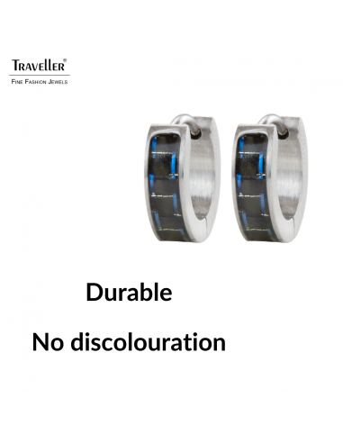 Traveller Earrings - Hoops - Men - Silver Coloured - Stainless Steel - Black Carbon - Blue - Ø 14 mm - 14x4 mm - 180954