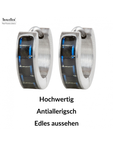 Traveller Creolen - Herren - Silberfarbe - Edelstahl - Schwarz Karbon - Blau - Ø 14mm - 14x4 mm - 180954