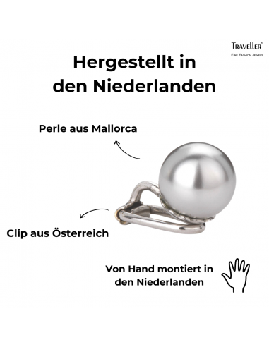 Traveller Ohrclips - Perle - 10 mm - Hellgrau - Platiniert - Silberfarbe - 15x10 mm - 710110