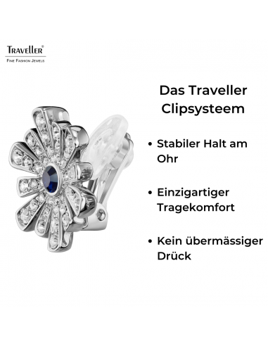 Traveller Ohrclip - Silberfarben - Kristalle - Blau Blumenherz - Blumenform - Platiniert - Ø 15mm - 157605