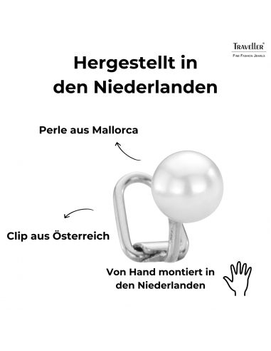 Traveller Ohrclip - Perle - 8 mm - Weiss - Platiniert - Silberfarben - 700108