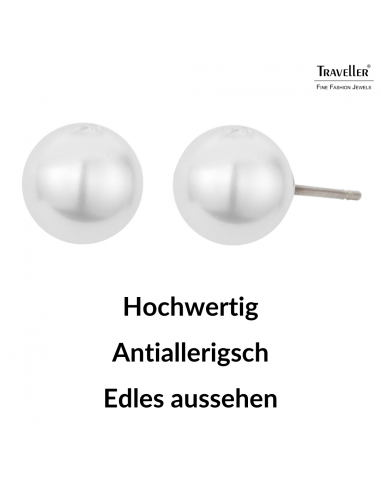 Traveller Ohrstecker - Perle - 8 mm - Weiss - Platiniert - Silberfarben - 700508