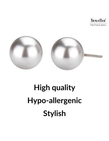Traveller Earrings - Pearls - 8 mm - Light Grey - Rhodium Plated - Silver Coloured - 710508