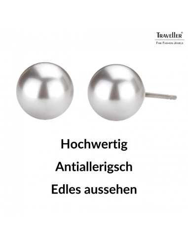 Traveller Ohrstecker - Perle - 8 mm - Hellgrau - Rhodiniert - Silberfarben - 710508