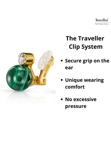Traveller Clip-on Earrings - Gold Plated - Crystals - Real Malachite - 10 mm - Green - Unique - 112502