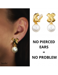 Traveller Clip-on Earrings - Drop Earrings - Pearls - 14mm - White - Cross - 22ct Gold plated - 32x16mm - 110506