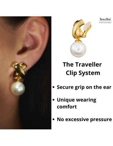 Traveller Clip-on Earrings - Drop Earrings - Pearls - 14mm - White - Cross - 22ct Gold plated - 32x16mm - 110506