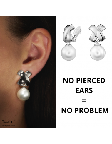 Traveller Clip-on Earrings - Drop Earrings - Pearls - 14mm - White - Cross - Platinum Plated - 32x16mm - 110507