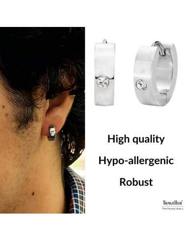 Traveller Hoop Earrings - Men - Stainless Steel - Zirconia - Silver Coloured - 13 mm - 181259