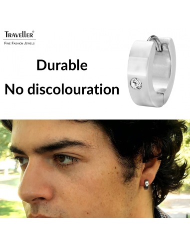 Traveller Hoop Earrings - Men - Stainless Steel - Zirconia - Silver Coloured - 13 mm - 181259