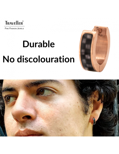 Traveller Hoop Earrings - Men - Stainless Steel - Rosé Gold Plated - Carbon - Black / Grey - Ø 14mm - 181256