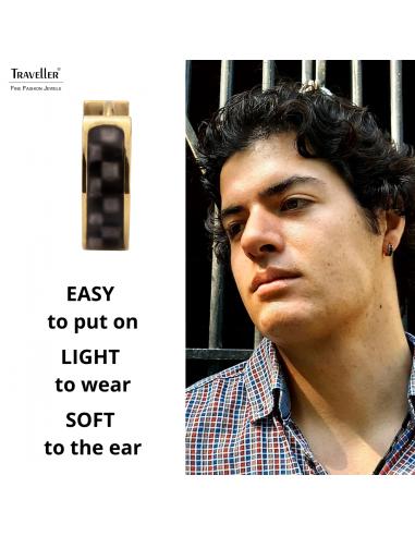 Traveller Hoop Earrings - Men - Stainless Steel - Gold Plated - Carbon - Balck / Grey - Ø 14mm - 181255