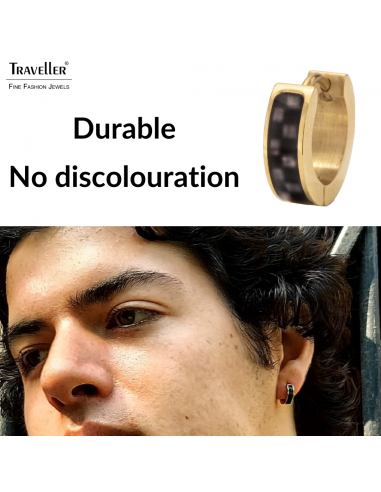 Traveller Hoop Earrings - Men - Stainless Steel - Gold Plated - Carbon - Balck / Grey - Ø 14mm - 181255