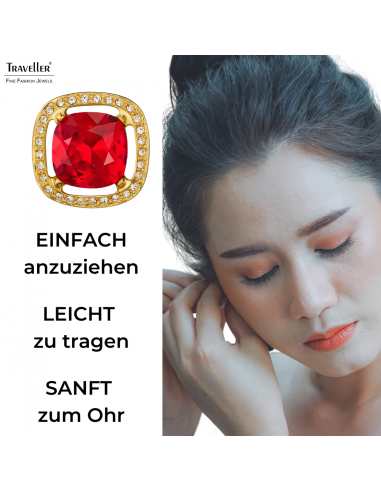 Traveller Ohrclip - 22kt Vergoldet - Kristalle - Rot - Quadratisch - Ø 15mm - 157620