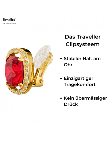 Traveller Ohrclip - 22kt Vergoldet - Kristalle - Rot - Quadratisch - Ø 15mm - 157620