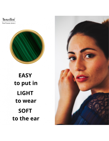 Traveller Earrings - 22ct Gold Plated - Real Malachite - Green - Ø 9 mm - Unique - 112506
